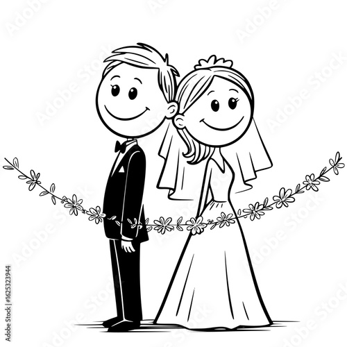 Forever United: A charming, monochrome depiction of a bride and groom on their wedding day, symbolizing the start of their lifelong partnership and their love for one another.