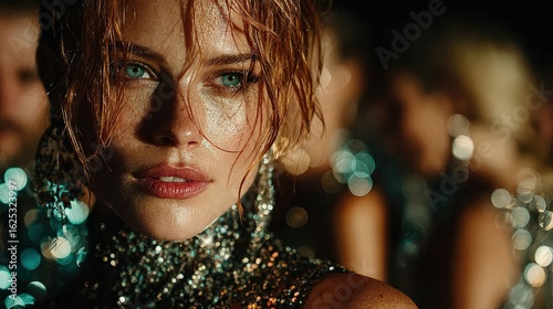 Glamorous woman model in sequined fashion dazzling under spotlight at a high-fashion show cinematic atmosphere