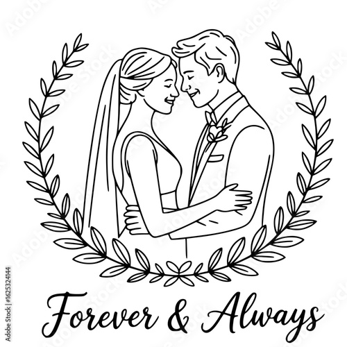 Eternal Embrace: An illustration of a happy couple in love, with a wreath in the background and the words Forever & Always written on the bottom