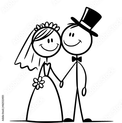 Simple Wedding Day Couple: A charming illustration of a stick figure bride and groom standing together, embracing the special moment of their wedding day with joy and love.