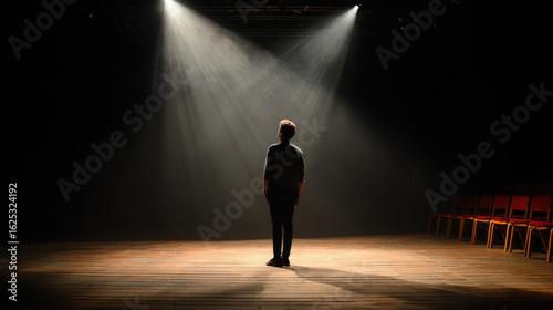 Actor rehearsing under dramatic spotlight on empty wooden stage
