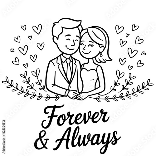 Timeless Union: An endearing depiction of a couple's eternal bond. The pair, etched in a classic illustration style, symbolize everlasting love against a backdrop of hearts and decorative sprigs.