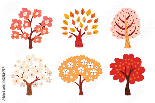 Colorful Trees Illustration: A collection of charming illustrated trees in various styles and colors, showcasing the diversity and beauty of arboreal life. 