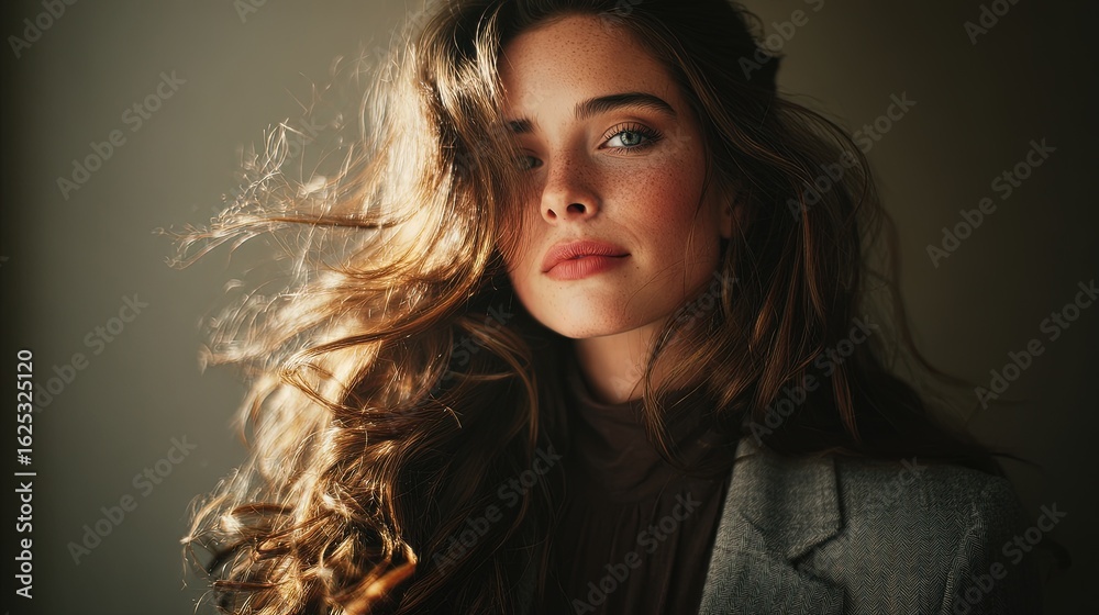 Elegant woman flipping her long wavy shiny hair cinematic lighting soft focus dreamy atmosphere high-fashion portrait Elegant woman flipping her long wavy shiny hair cinematic lighting soft focus dreamy atmosphere high-fashion portrait