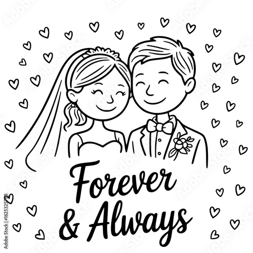 Wedding Day Serenity: A heartwarming sketch captures the joyous essence of Forever & Always, featuring a loving couple enveloped in a cascade of hearts, symbolizing enduring love and unity.