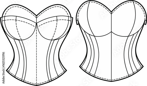 Corset pattern CAD drawing, front view, panel divisions, seam allowances, stitching lines, fashion sketch, technical template, vector design