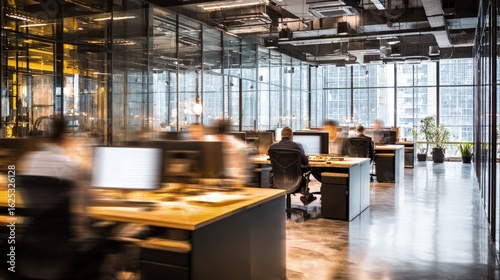 Busy Modern Office Interior With Blurred Workers