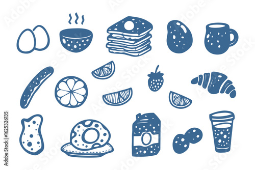 Delicious Breakfast Food Illustration: A delightful illustration showcasing a collection of delicious breakfast elements in a visually appealing arrangement. Including eggs, hot soup, pancake, potato.