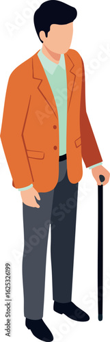 Man standing with walking cane wearing orange jacket and dark pants vector illustration