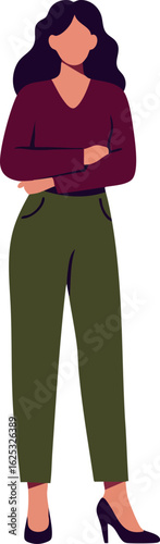 Woman standing with arms crossed wearing burgundy top and olive green pants stylish casual outfit vector illustration
