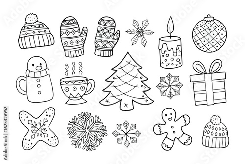 Winter's Cozy Collection: A curated compilation of whimsical winter-themed illustrations, featuring seasonal motifs like snowflakes, festive ornaments, and comforting warm beverages.