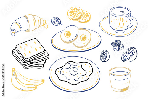 Culinary Delight Illustration: A delightful illustration showcases an assortment of breakfast elements with precise linework, presenting the viewer with a visual feast for the senses.