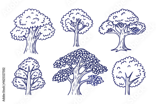 Ink Trees of Nature: A charming illustration presents an array of ink-drawn trees, each exuding its unique character and form in this delightful display of arboreal art.
