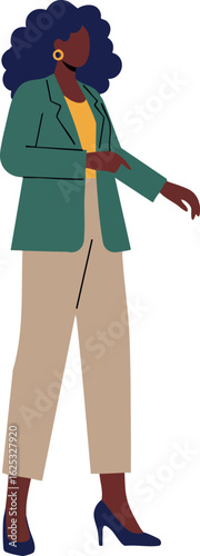 Confident businesswoman standing with curly hair wearing green blazer and beige pants vector illustration