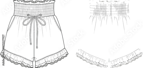 Women’s smocked waist shorts fashion flat, lace hem drawstring detail front and back view, technical sketch, clothing vector design template