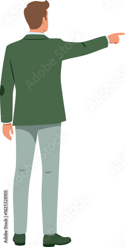 Man in green jacket pointing finger away standing in casual posture vector illustration
