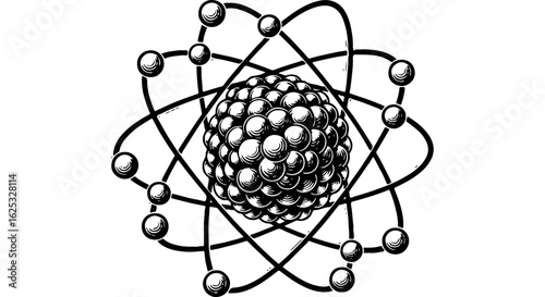 Detailed black and white atomic structure illustration. Atom model with nucleus and orbiting electrons for science, physics, chemistry concepts.