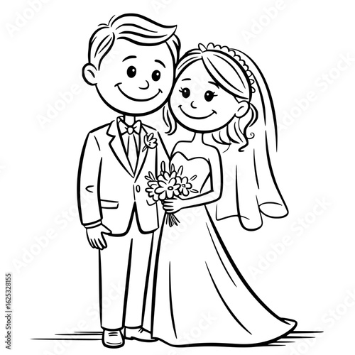 Love's Embrace: Adorable cartoon depiction of a radiant bride and groom on their wedding day. The loving couple stands side-by-side.