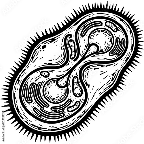Stylized Woodcut Bacterium Illustration. Microscopic organism, single-celled microbe, biological cell art for science concept design.