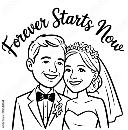 Eternal Beginning: A tender depiction of a newlywed couple, embraced in love, with the promise of forever woven elegantly above, embodying the commencement of a shared lifetime.