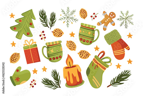 Festive Holiday Collage: A delightful assortment of hand-drawn elements conjures the joy and charm of the season, featuring ornaments that embody the spirit of celebration.