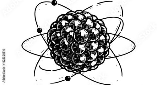Detailed abstract atom model illustration. Black and white scientific drawing of nucleus and orbiting electrons. Science, physics, chemistry, technology concept.