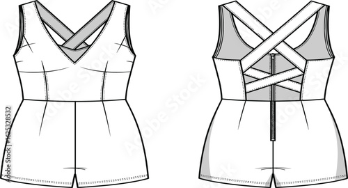 PrintWomen's strappy back romper fashion flat, sleeveless short jumpsuit front and back view, technical clothing sketch, vector design template