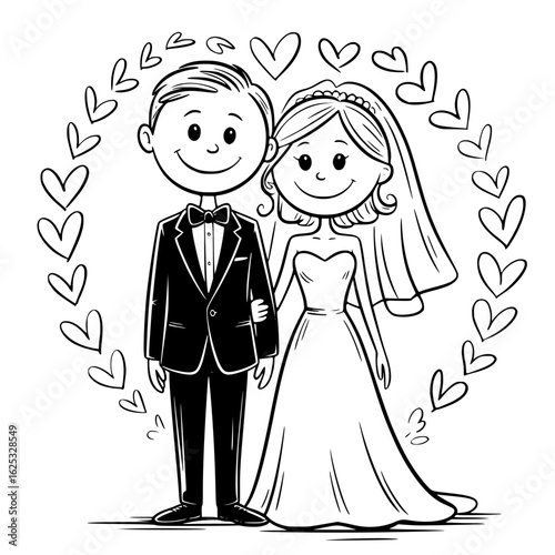 Wedding Couple in Hearts Frame: An endearing cartoon illustration of a newlywed couple, hand in hand within a delicate heart-shaped frame, celebrating love and matrimony. 