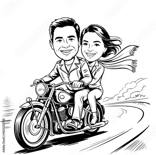 Ride of a Lifetime: A charming monochrome illustration of a couple enjoying a thrilling motorcycle ride, capturing the essence of freedom and adventure on the open road.