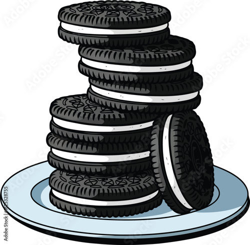 Stack of Oreo cookies on a plate, a delicious and appealing image.