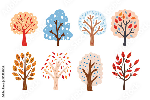 Seasons in a Grove: A vibrant collection of stylised trees showcases the beauty of nature through its changing seasons. From the fiery hues of autumn to the frosted elegance of winter.