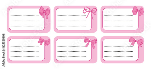Notebook labels with pink bows icons, colorful design, template for school book labels. Set bright name stickers for notebook. Back to school labels. Name and Class