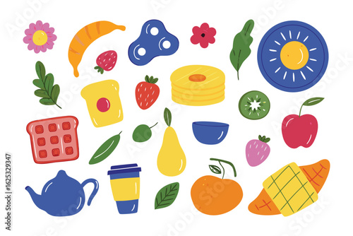 Delicious Assortment: A vibrant collection of hand-drawn breakfast items, featuring a cheerful mix of pancakes, croissants, fruit, and tea, creating a mouthwatering feast for the eyes. 