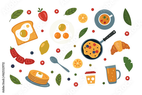 Breakfast Feast: An illustrated assortment of breakfast foods including pancakes, eggs, toast, fruit, and croissants, arranged playfully for a morning culinary celebration. 