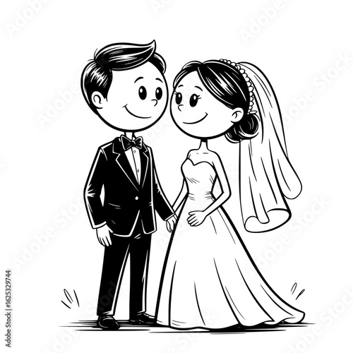 The Nuptial Embrace: A tender illustration captures a cartoon bride and groom, their eyes locked in a loving gaze. Clad in a formal wedding attire, they stand united.