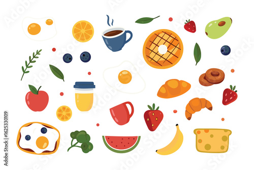Breakfast Delights: A delightful illustration features an array of breakfast staples including fruits, pastries, and coffee, creating a mouthwatering visual experience.