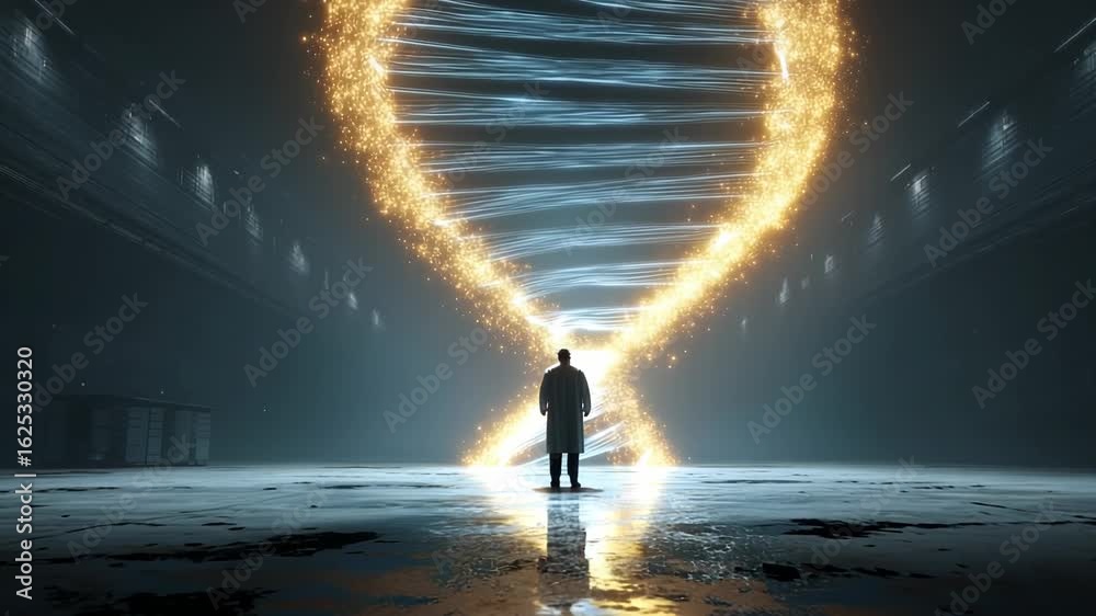 In a vast and dimly lit industrial location, a figure stands mesmerized by a swirling cascade of brilliant light, evoking a sense of time bending around them in surreal elegance.