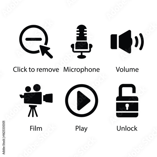 Click to remove, Microphone, Volume, Film, Play, Unlock, icon
