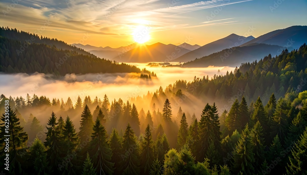 Fototapeta premium Golden Sunrise Illuminating Foggy Forest Valley with Distant Mountains