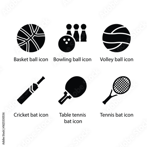 Basketball, Bowling ball, Volley ball, Cricket bat, Table tennis bat, Tennis bat, icon