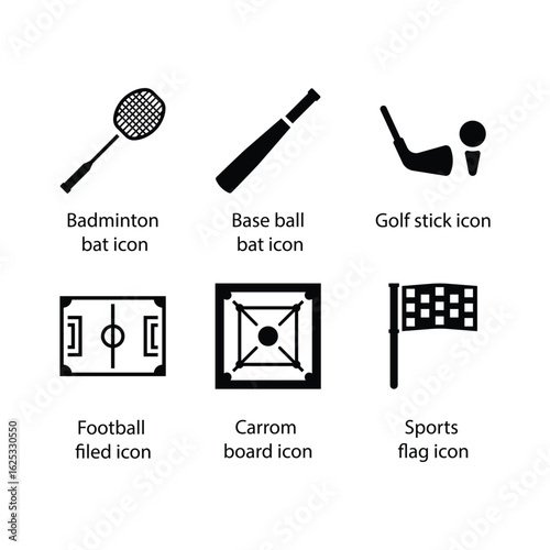 Badminton bat, Baseball bat, Golf stick, Football filed, Carrom board, Sports flag, icon