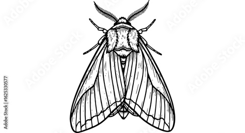 Detailed vintage style black and white line art engraving illustration of a moth, a nocturnal insect with textured wings, top view.