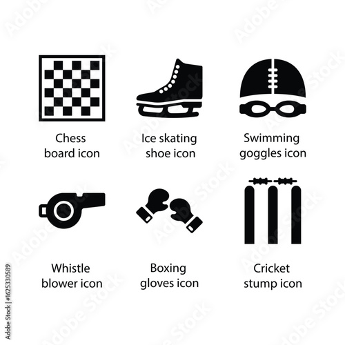 Chess board, Ice skating shoe, Swimming goggles, Whistle blower, Boxing gloves, Cricket stump, icon