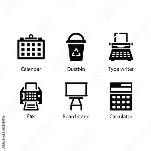 Calendar, Dustbin, Type writer, Fax, Board stand, Calculator, icon