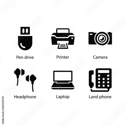 Pen drive, Printer, Camera, Headphone, Laptop, Land phone, icon
