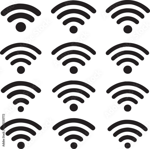 Twelve black wifi signal icons arranged in a grid on a white background wireless network 1