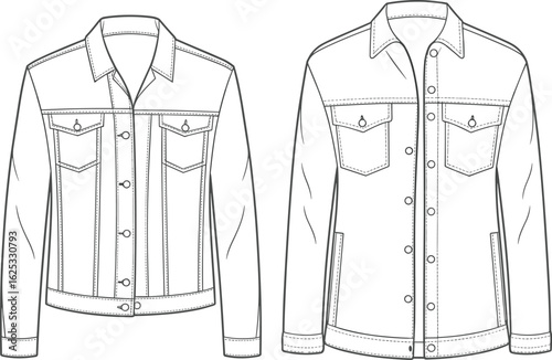Jacket CAD set, button closure, chest flap pockets, side pockets, collar, long sleeves, fashion sketch, garment illustration