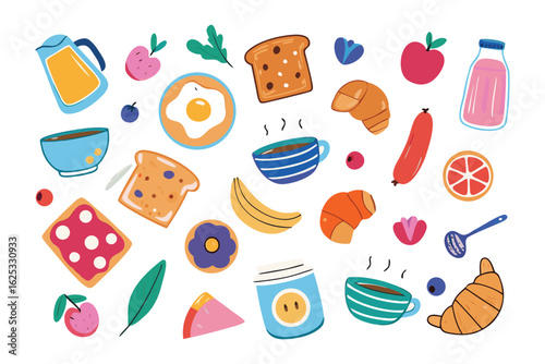 Breakfast feast: An assortment of appetizing breakfast components, including toast, an egg, coffee, and croissants, creating a bright and cheerful presentation that awakens the appetite.