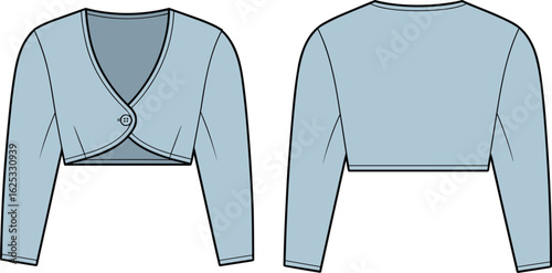 Light blue cropped cardigan CAD, V-neck, single button front, long sleeves, fashion sketch, knitwear template, vector garment design