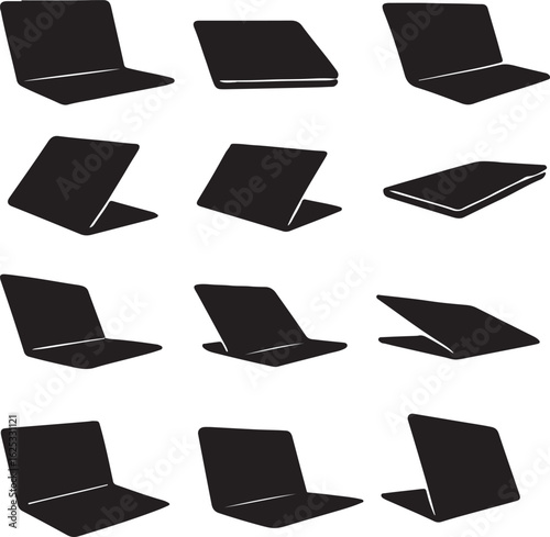 Black silhouette icons of laptops in various open and closed positions computer technology